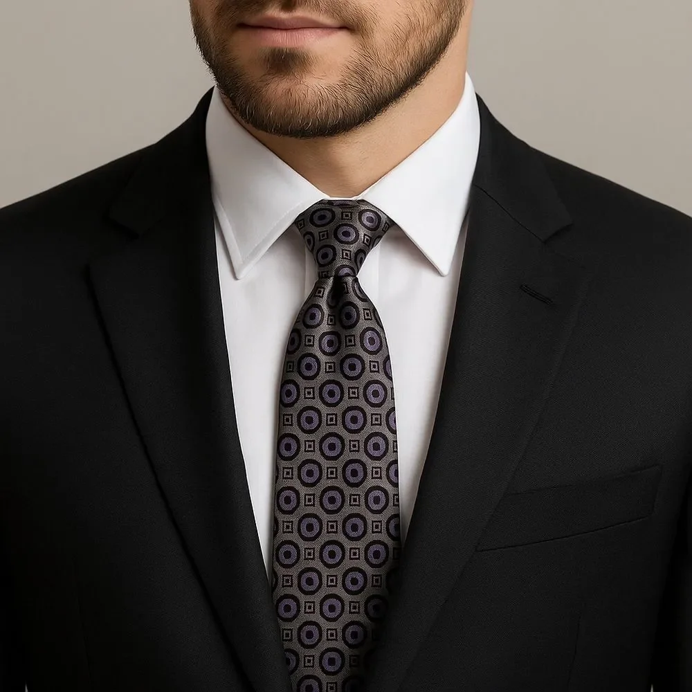 Pronto Uomo Couture Silk Tie Gray Purple Black Geometric Circle Diamond Pattern
